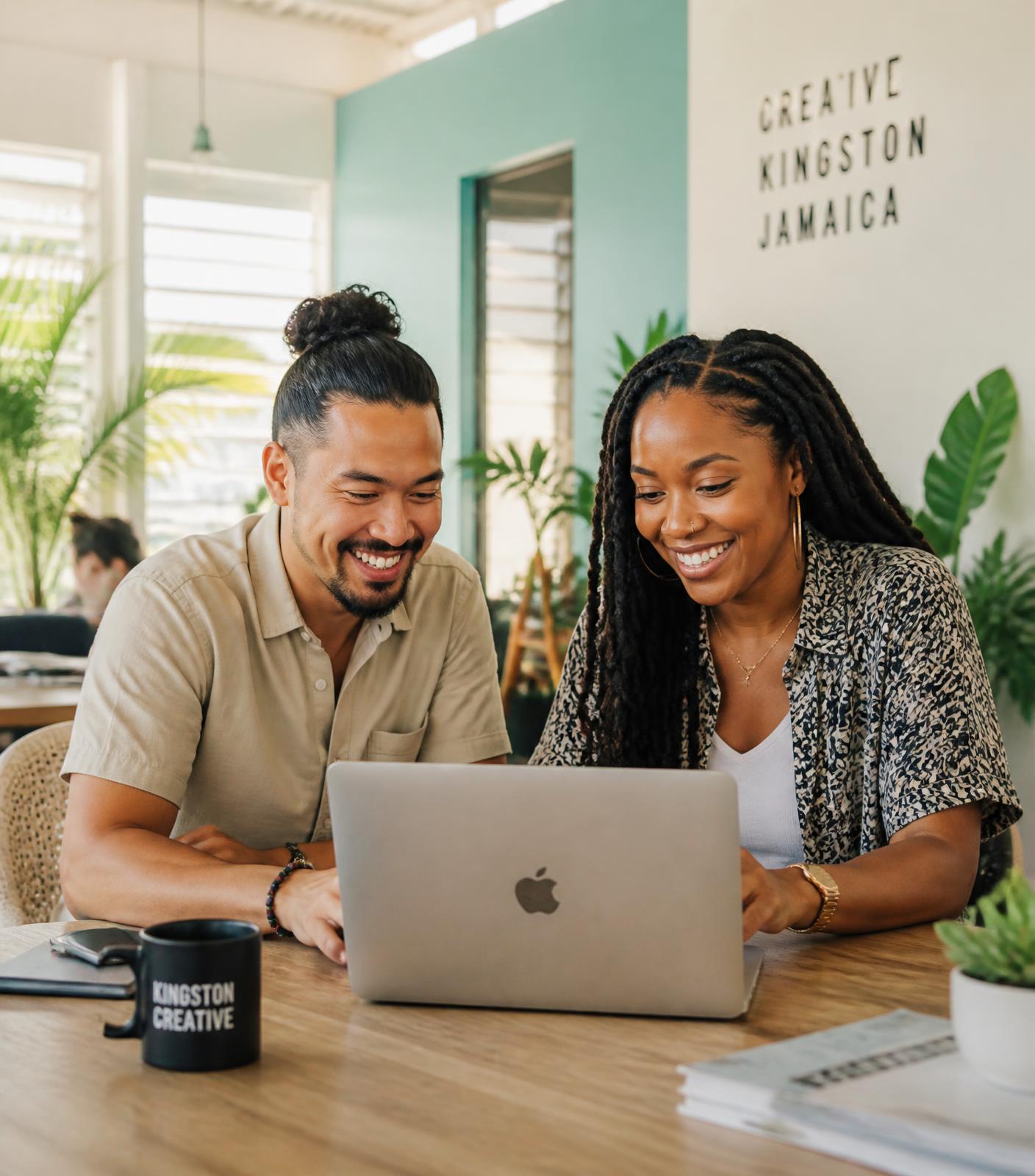 Two Caribbean colleagues smiling warmly over a laptop in a bright Kingston creative workspace