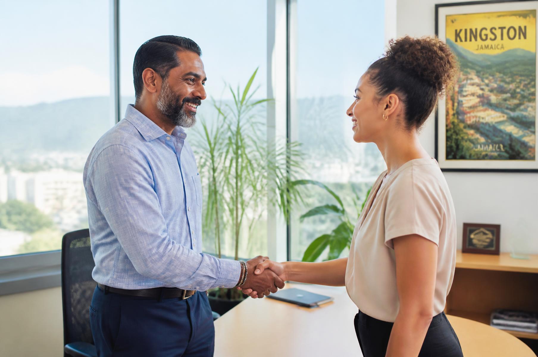 A hiring manager and a candidate smiling as they shake hands in a light-filled Kingston office