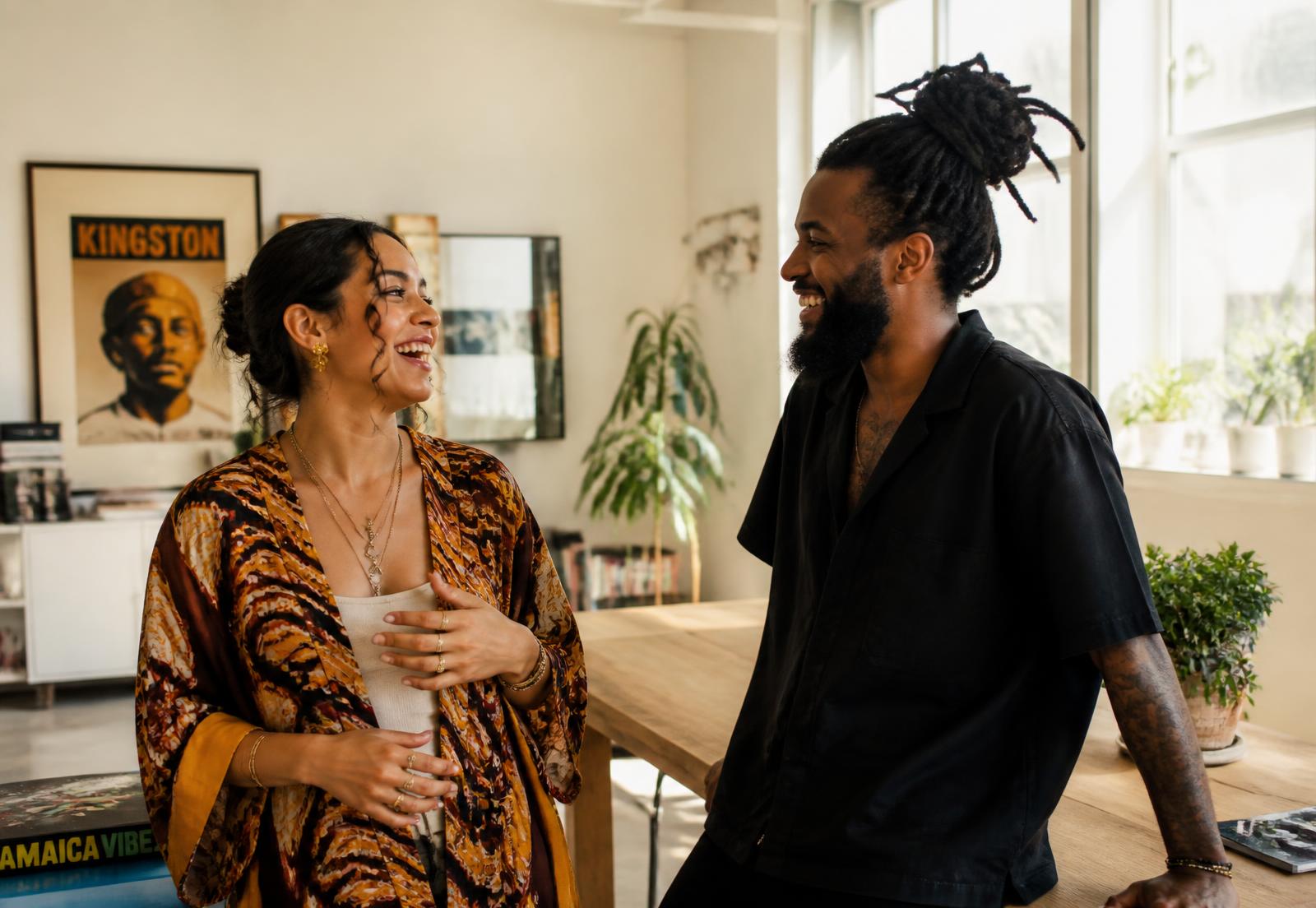 Two Caribbean professionals laughing together in a sunlit contemporary Kingston studio