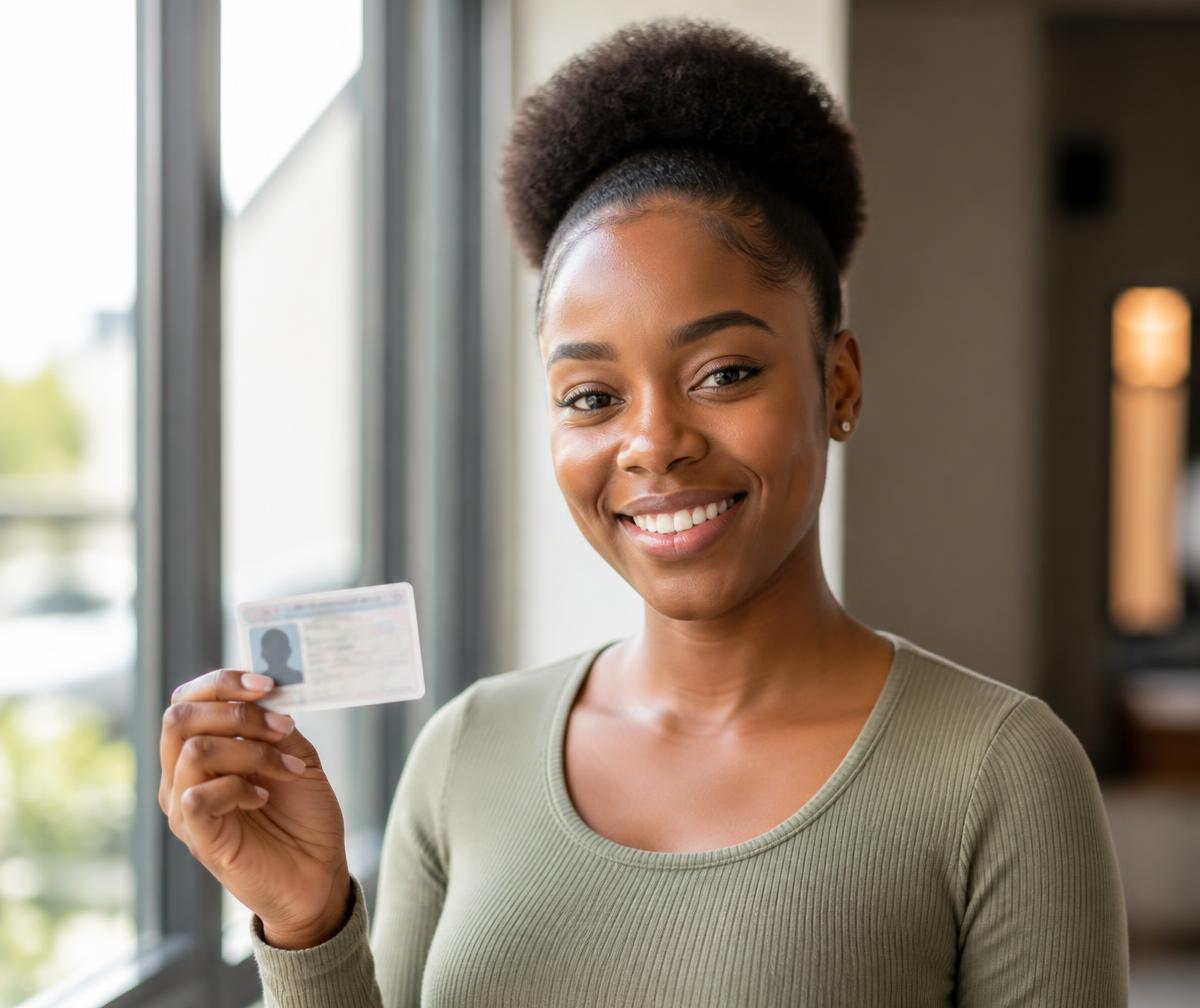A smiling young Jamaican woman holding her national ID card in a bright, light-filled room